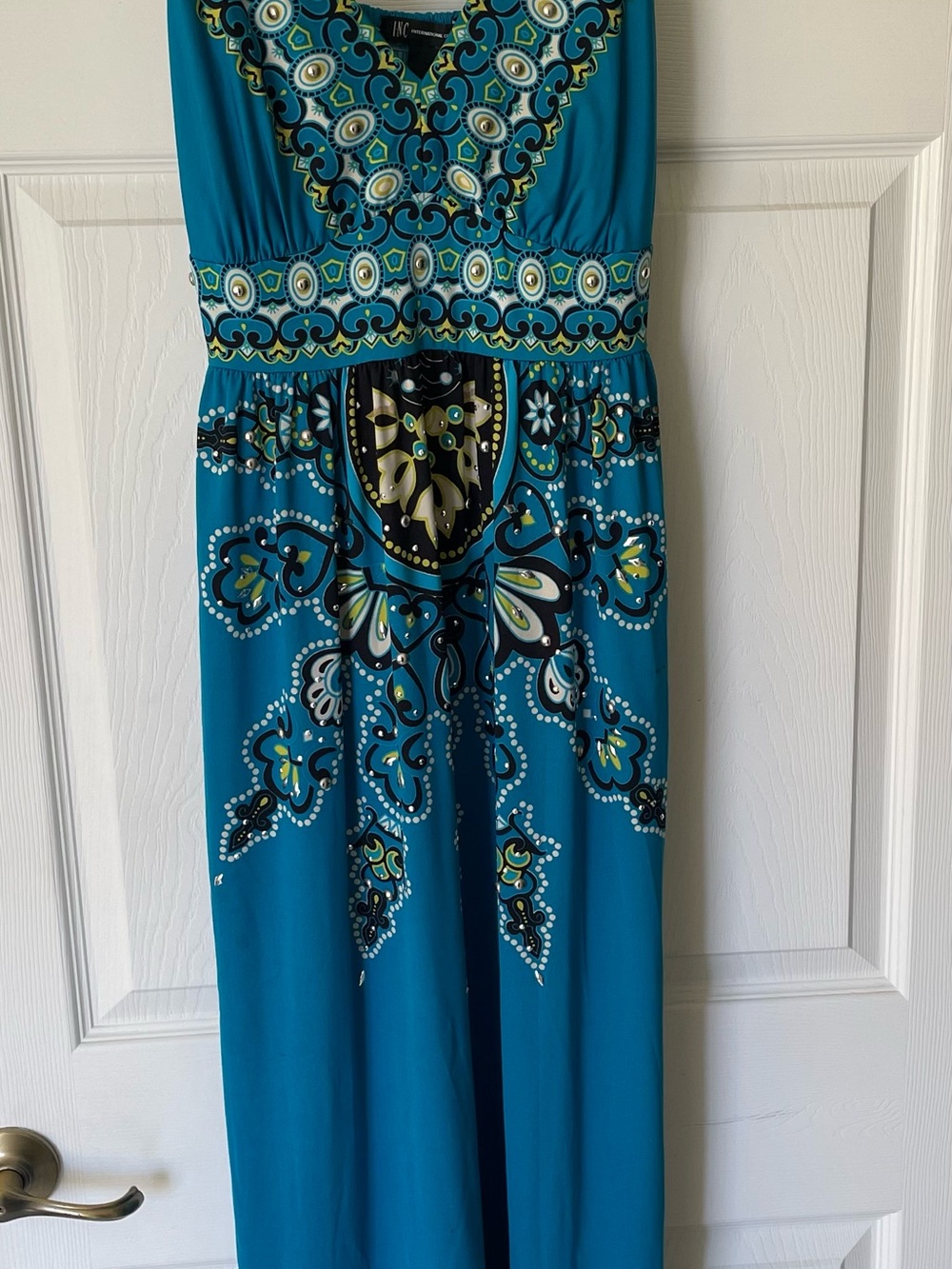 INC International Concepts Teal and Black Printed V-Neck Maxi Dress